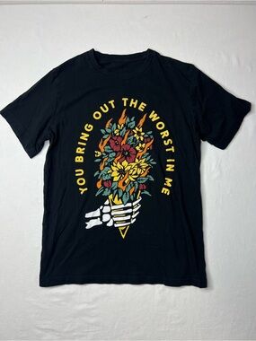 Wicked Clothes Black graphic tee with skeleton hand holding a bouquet of flowers